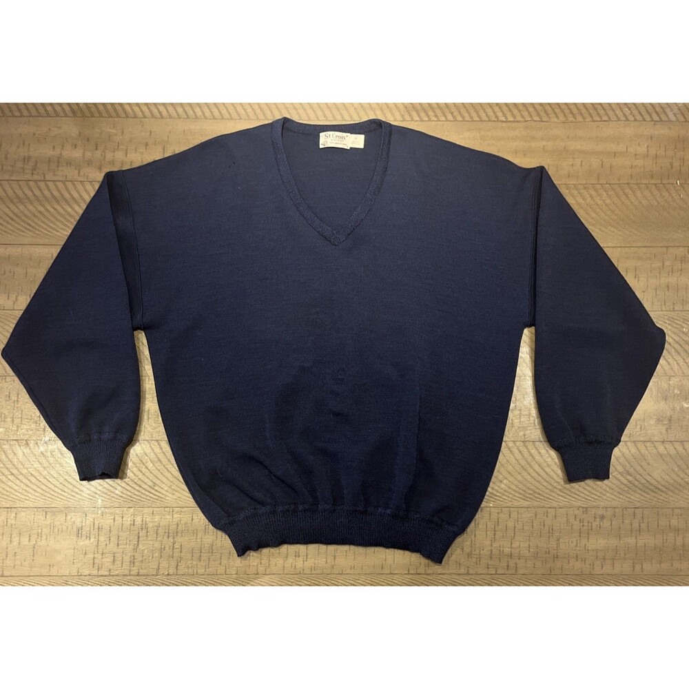 St Croix Sweater Mens Wool Medium Blue V Neck Pullover Knit Shirt Top USA Merino